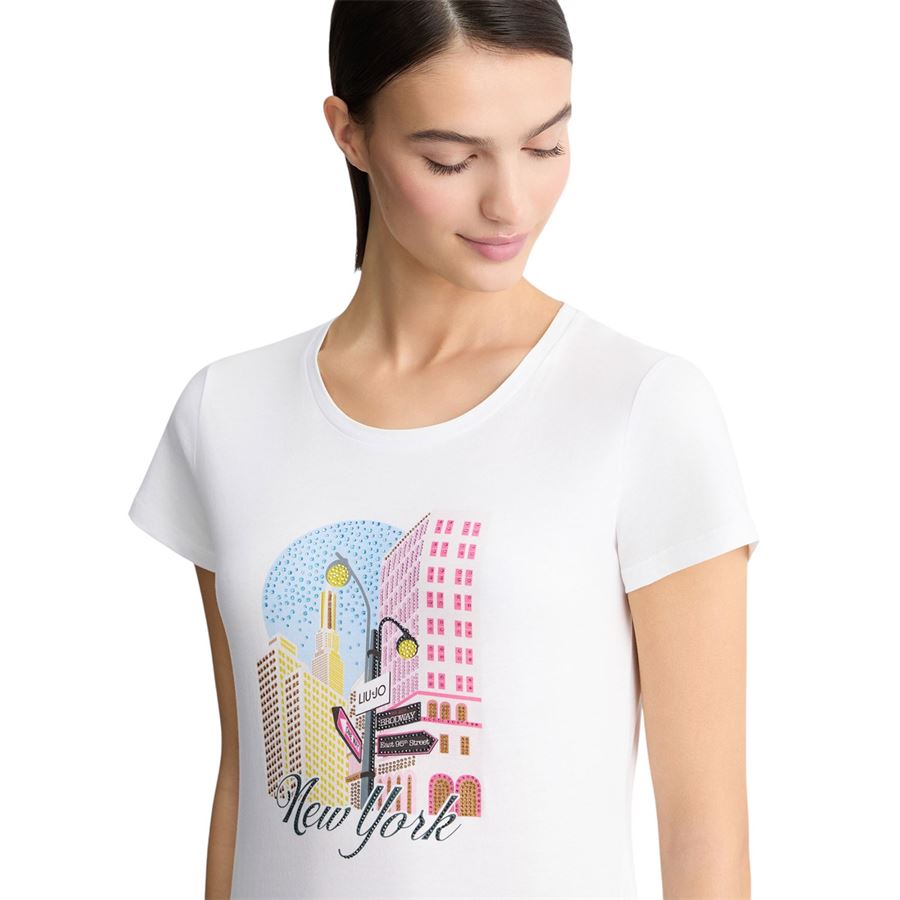 T-shirt in cotone con stampa e strass Liu Jo | WA5239JS923M9566